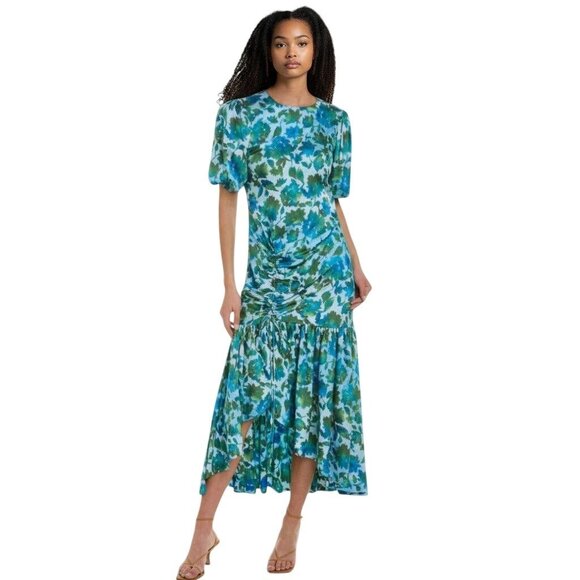 AMUR Floral Trissa Ruched Midi Dress Blue Green Watercolor Print Trissa - Size 4 - Picture 1 of 10